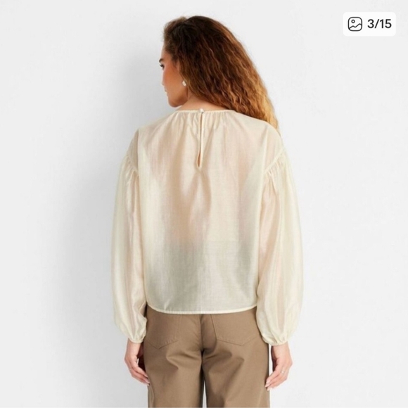 Sheer Cream Long Sleeve Blouse, Large - Picture 12 of 12